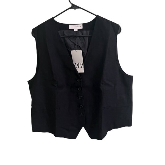 Zara Women's Tailored Linen Blend Vest Black Button Waistcoat Chic Sz XL NWT - Picture 4 of 8
